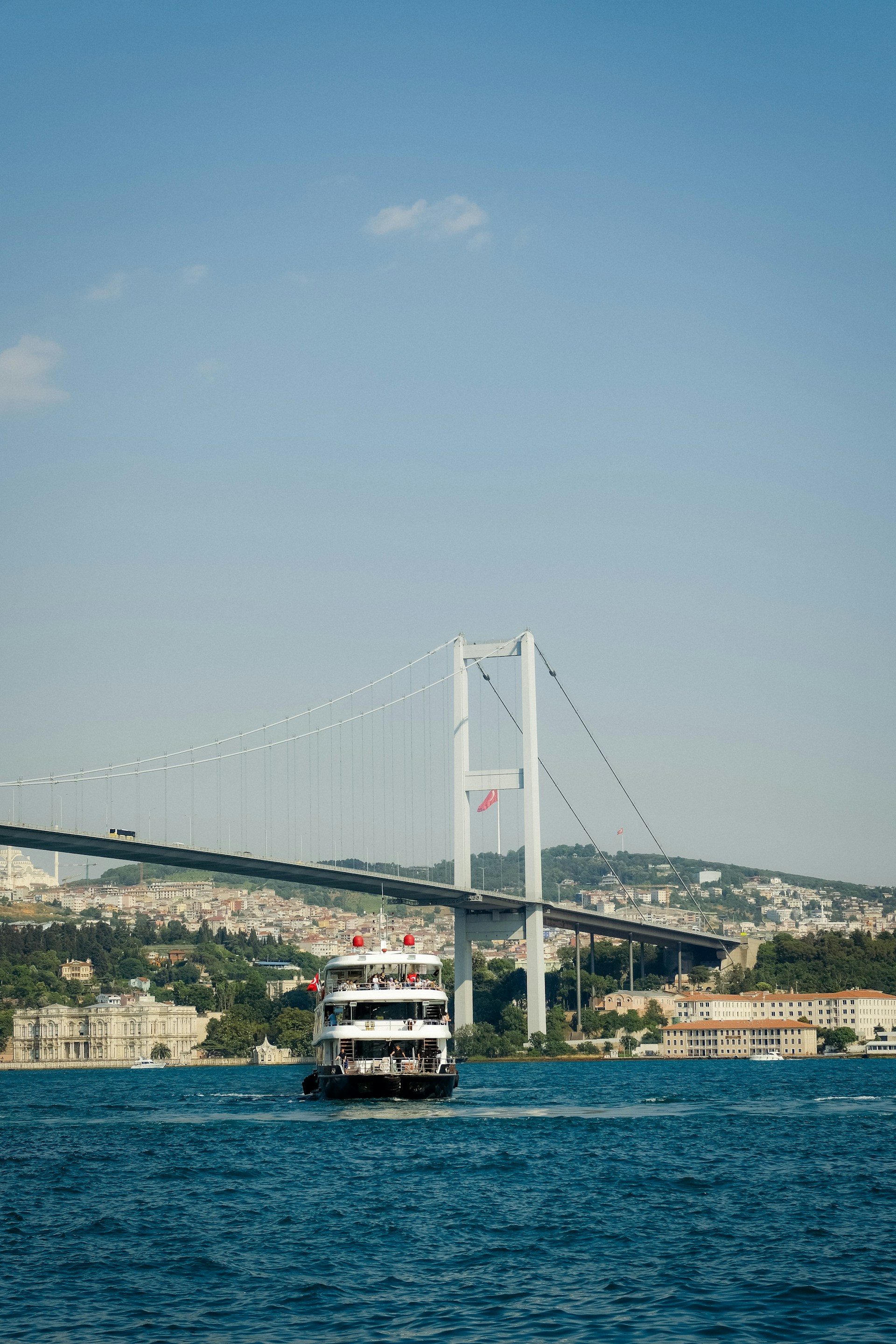Ferry crossing the Bosphorus with the July 15 Martyrs Bridge in Istanbul
