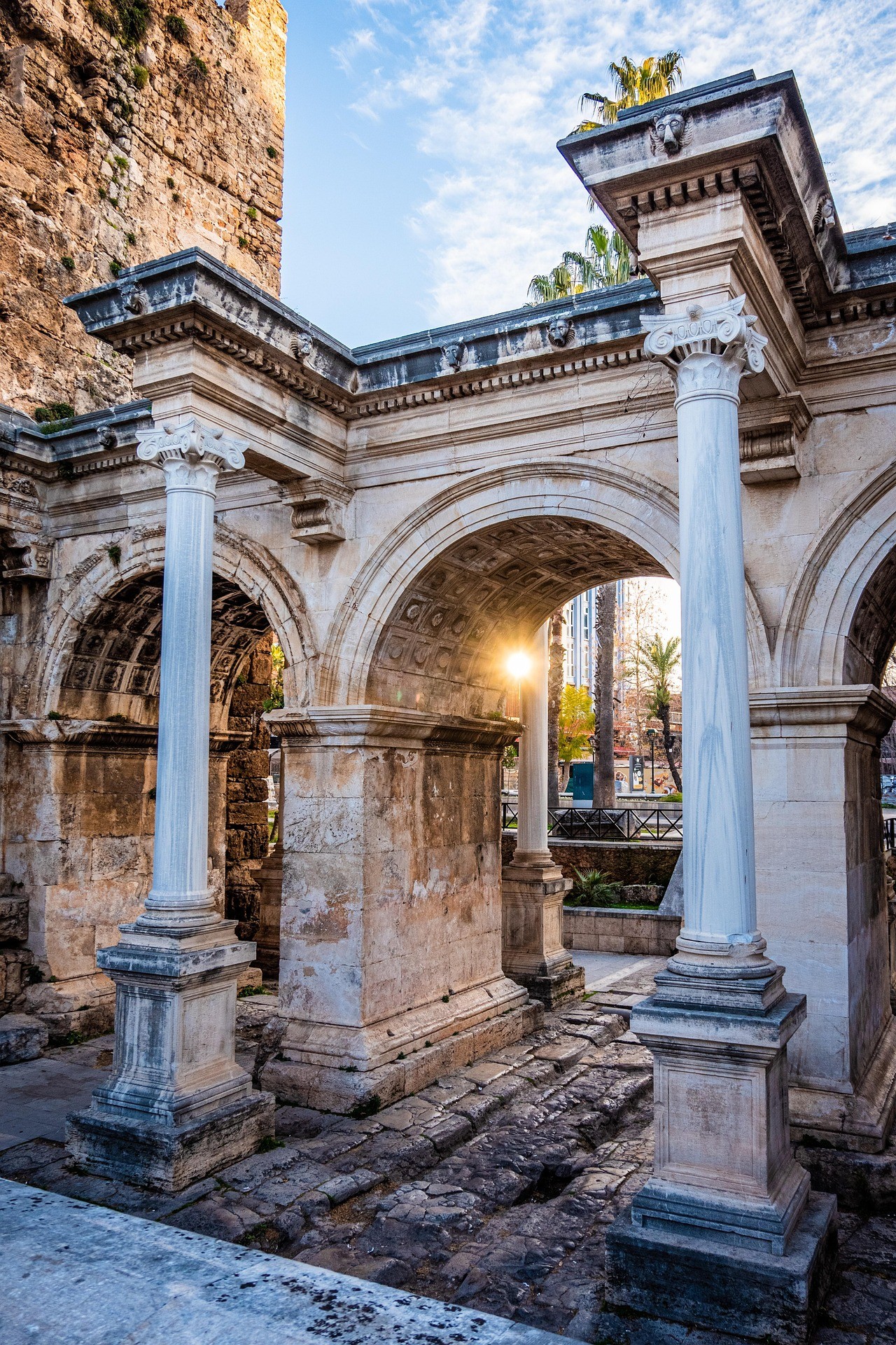 Hadrian's Gate, a Roman triumphal arch in the old city of Antalya, Turkey